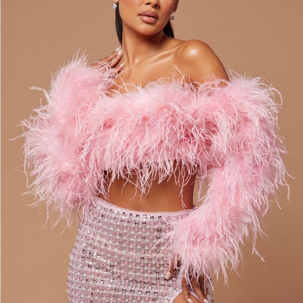 Pink feather off the shoulder top